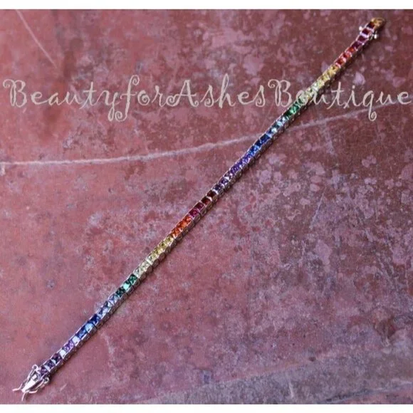Princess Cut Covenant Gods Promise Over the Rainbow Colorful Cz Tennis Bracelet - Picture 2 of 11
